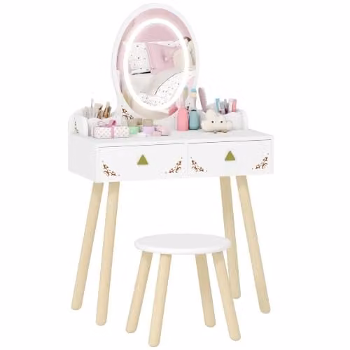 AIYAPLAY Kids Dressing Table and Stool Set with Mirror in White