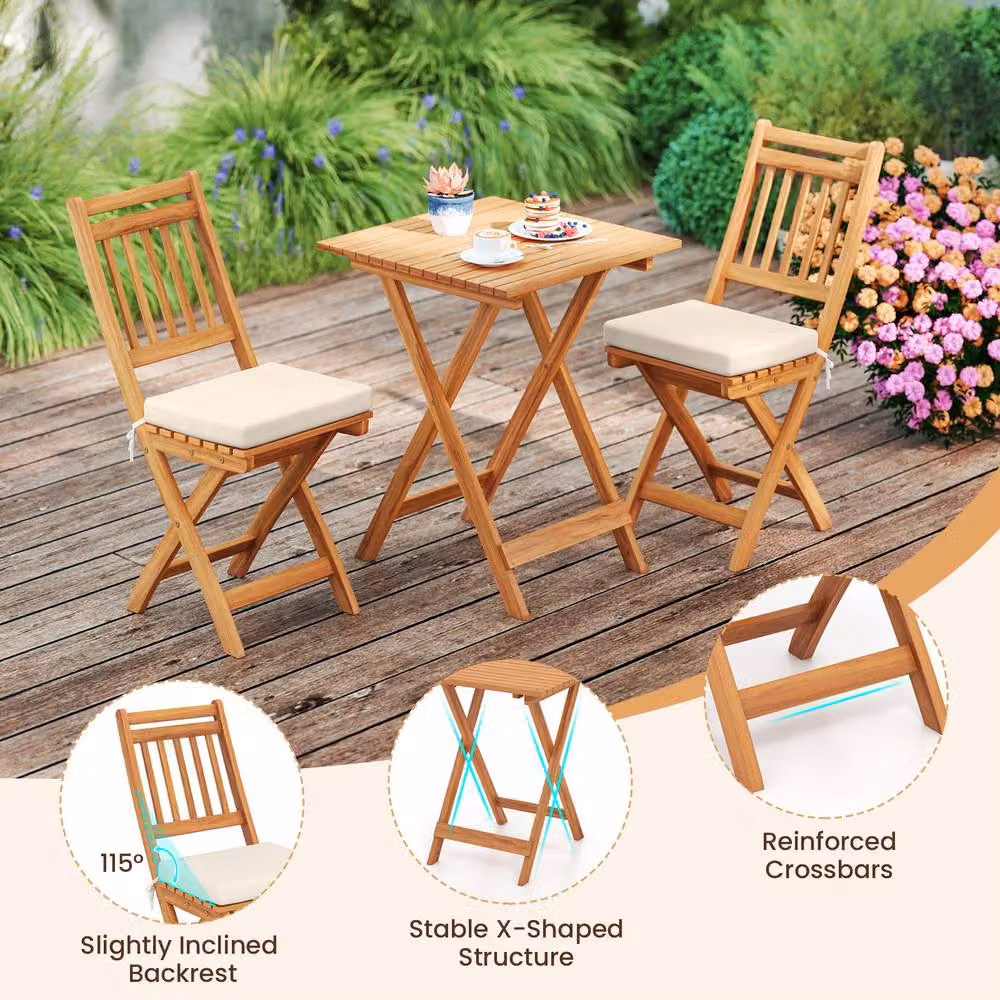 Costway Acacia Wood Folding Bistro Set with White Cushions for Garden, Terrace or Balcony – 3