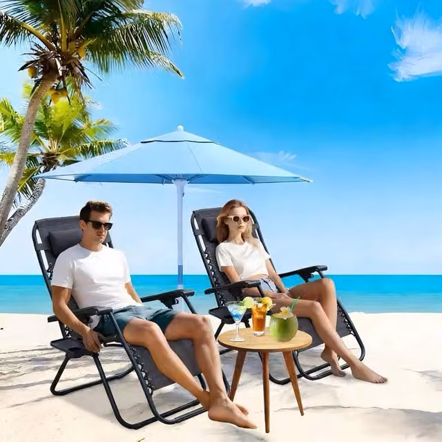 Alivio Set of 2 Zero Gravity Reclining Garden Chairs in Dark Grey with Adjustable Headrest and Cup Holders