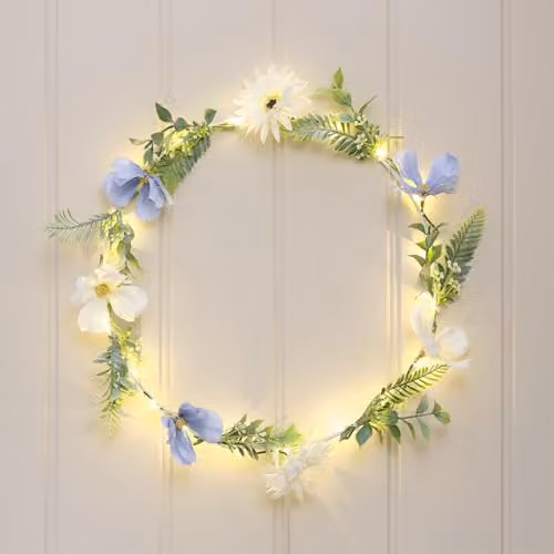 Lights4fun Pre Lit Blue and White Bloom Wreath with Warm White Micro LED Lights, W/D/H: 32.5 x 30.0 x 32.5 cm