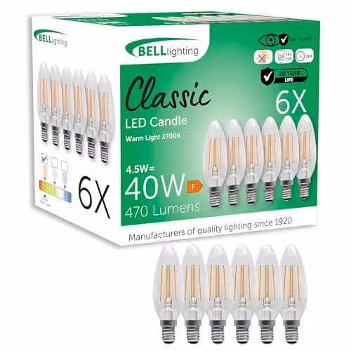BELL Lighting E14 LED Filament Candle Bulbs, Warm White, Pack of 6