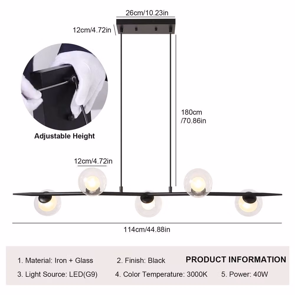 NIVOR 5 Light Linear Kitchen Island Pendant in Black with Transparent Glass, Dimmable and Height Adjustable – 2