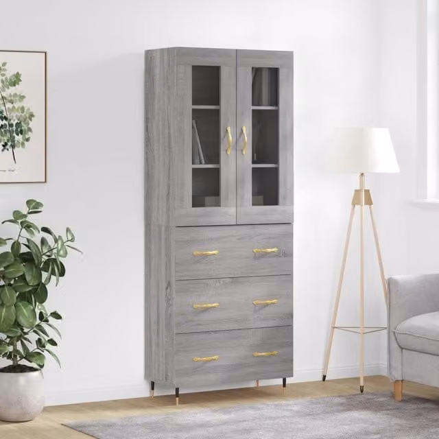 Berkfield Home Grey Sonoma Modern Highboard with Doors and Drawers, H 180 x W 69.5 x D 34 cm