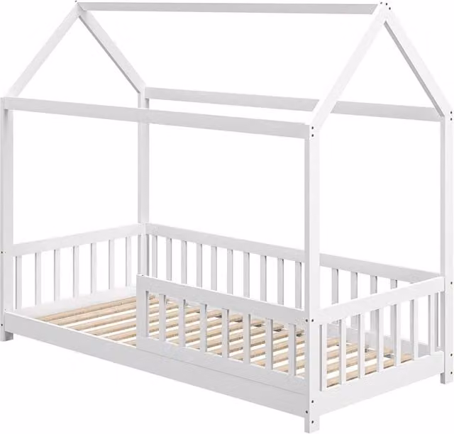 HOMCOM House-Shaped Solid Wood Kids Bed Frame with Guard Rails in White, 90 x 190 cm