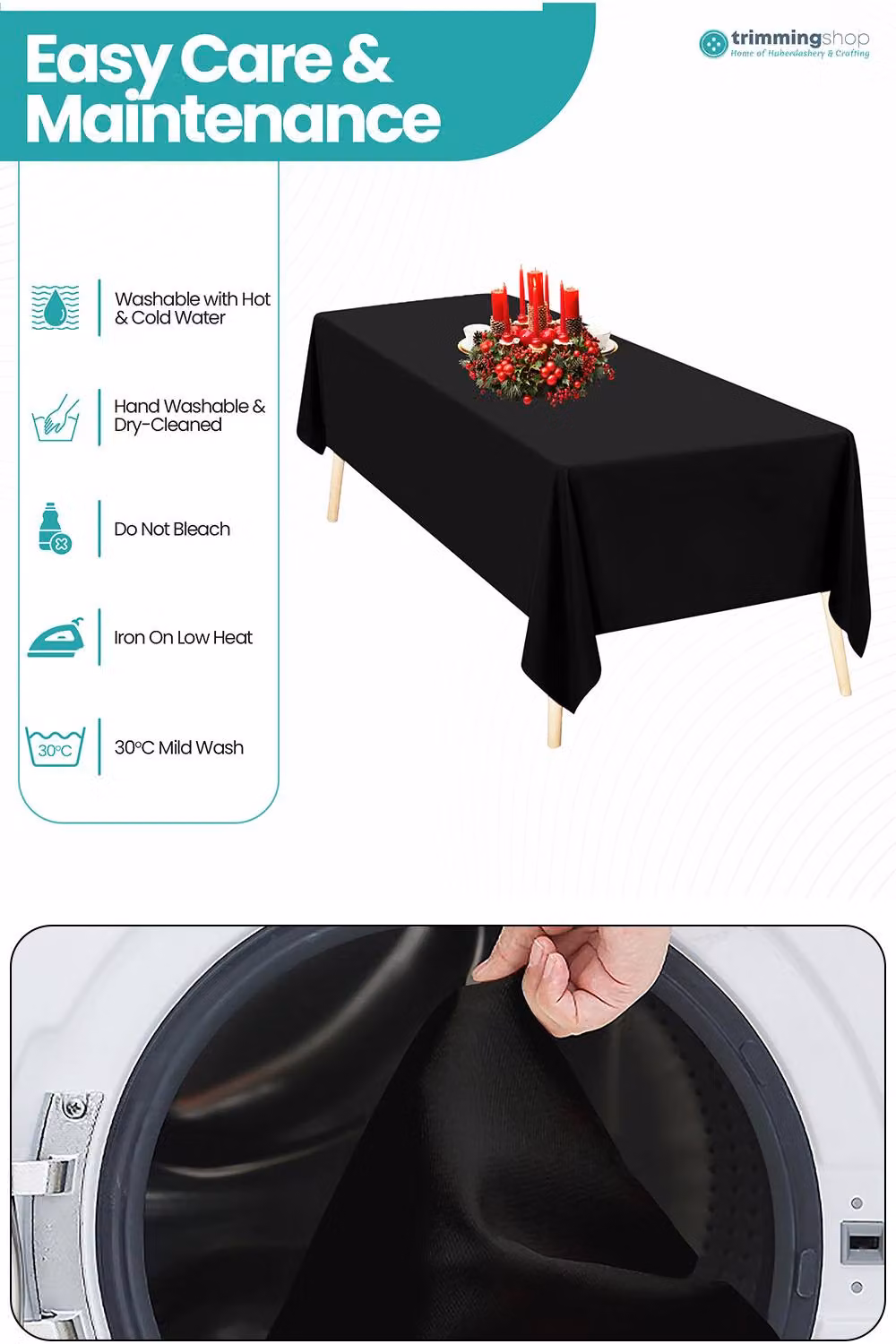 Neel Blue 10-Piece Premium Polyester Rectangular Tablecloth Set in Black, W: 177.8 cm x L: 320.04 cm – 3