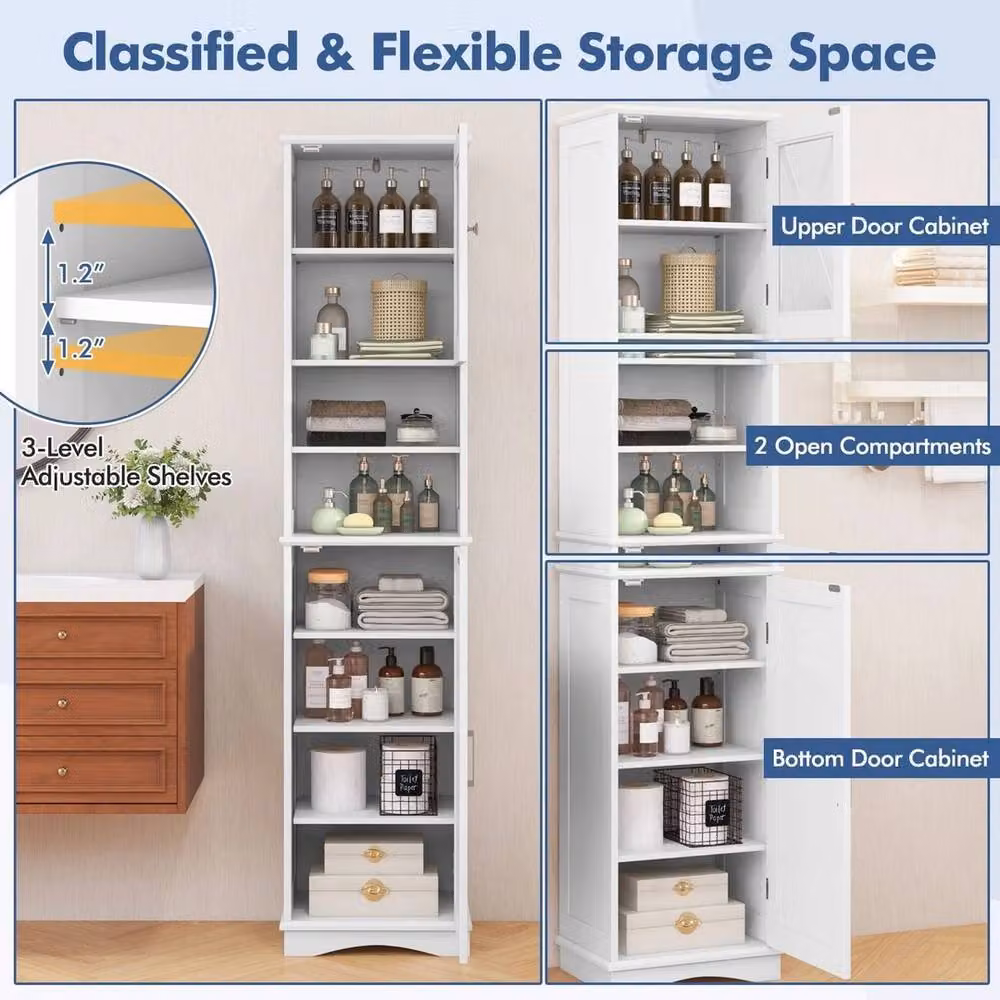 NESTLUNE White Corner Freestanding Tall Bathroom Cabinet with Hinged Doors and Open Shelving – 2