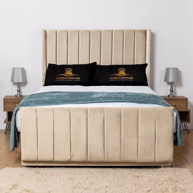 UK Bed Furniture Seoul Wingback Divan Bed Base with 54 Inch Headboard in Beige, Size: Double (W/D: 140 x 200 cm)