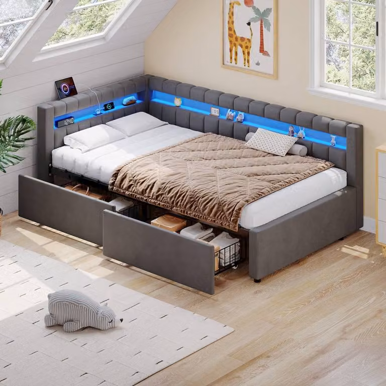 ModernLuxe L-shaped upholstered single daybed in grey with LED lighting, USB charging port and 2 drawers, W/D/H: 220 x 100 x 79 cm
