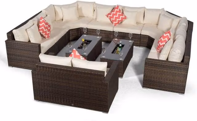Giardino Santorini 10 Seat Rattan Sofa Set with Loveseat and 2 Coffee Tables in Brown