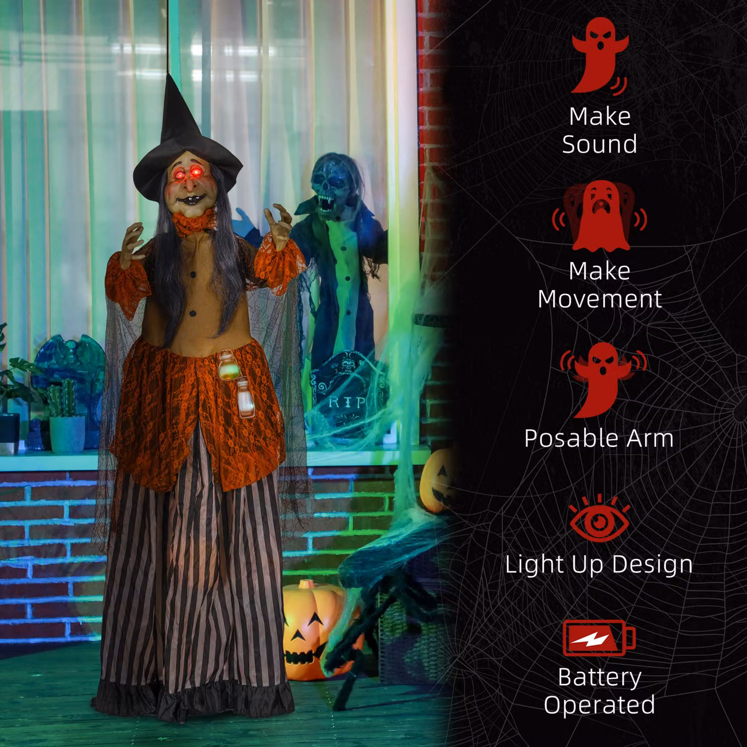 HOMCOM 183 cm Animated Life Size Fat-Faced Witch Halloween Decoration with Red Light Up Eyes and Sound Activated Moving Arms and Head, Multicolour – 5