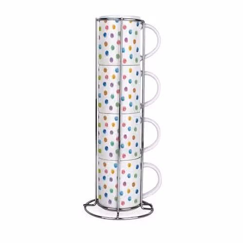 Purely Home Polka Dot Ceramic Stacking Mugs Set of 4 in Multicolour with Metal Stand – 1