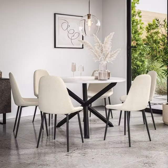 More4Homes Malvern Round Dining Table and 6 Maya Boucle Dining Chairs Set, Marble Top with Black Solid Oak Legs and Ivory Chairs – 1