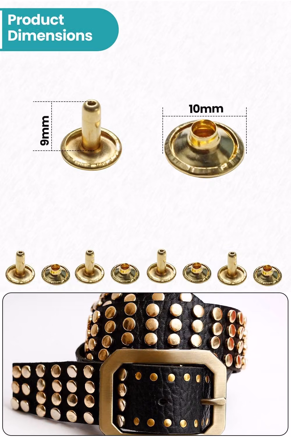 Neel Blue 10mm Double Cap Rivet Tubular Metal Studs and Gold Leather Rivets, 100pcs – 2