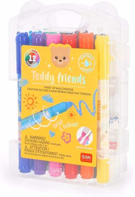 Legami Teddy Friends Twist-Up Wax Crayons, Multicolour, Pack of 12