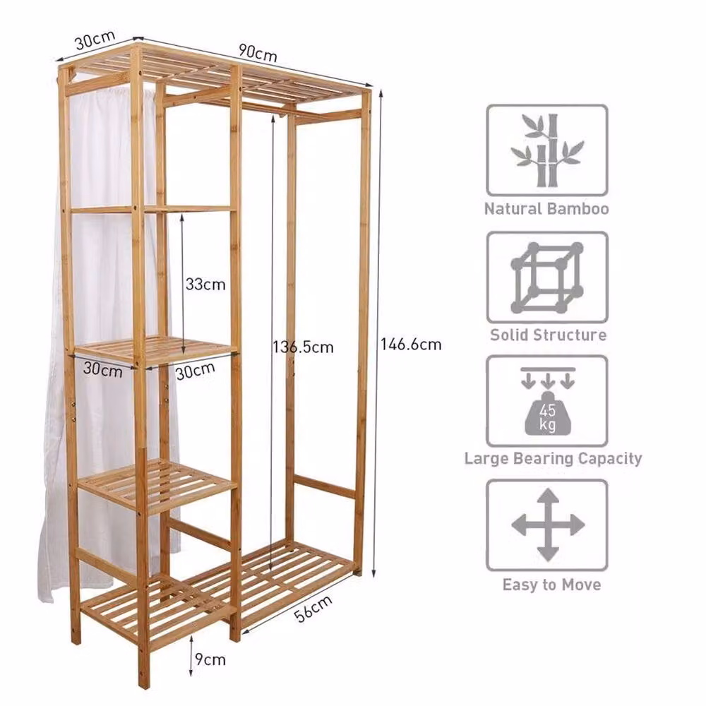 EONLION Natural Bamboo Clothes Rail and Open Wardrobe Corner Cabinet – 2