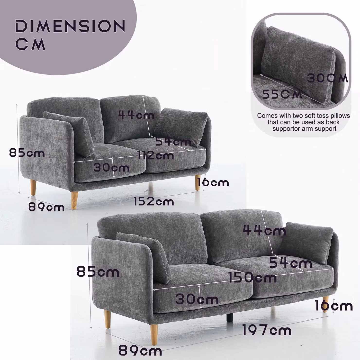 FURNITURE ONE Grey Velvet Upholstered Sofa Set with 2-Seater and 3-Seater Sectional Couches – 2