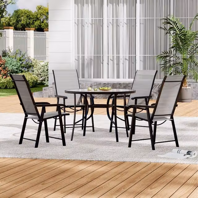 Livingandhome Modern Bistro Set with Black Tempered Glass Round Table and 4 Black Metal Folding Chairs