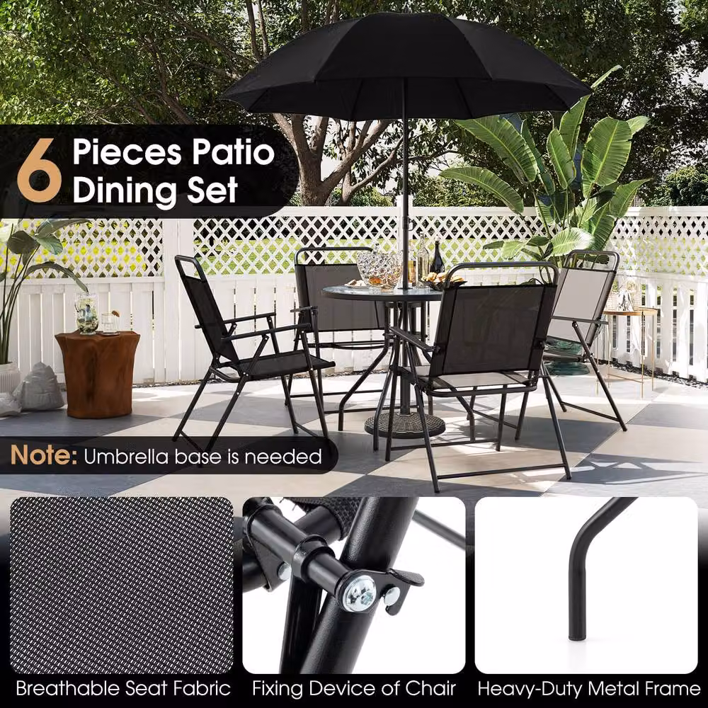 Gymax 6 Piece Outdoor Dining Set with Glass and Metal Table for 4 in Black – 4
