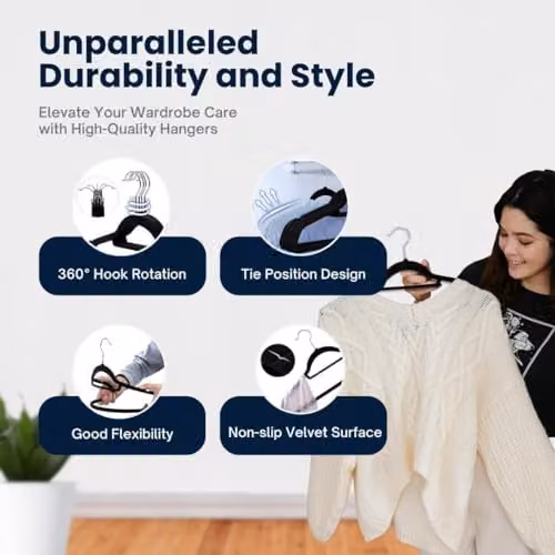 Sasha Morel 20 Pack Non-Slip Velvet Coat Hangers with Tie Organiser and Swivel Hooks in Black – 5