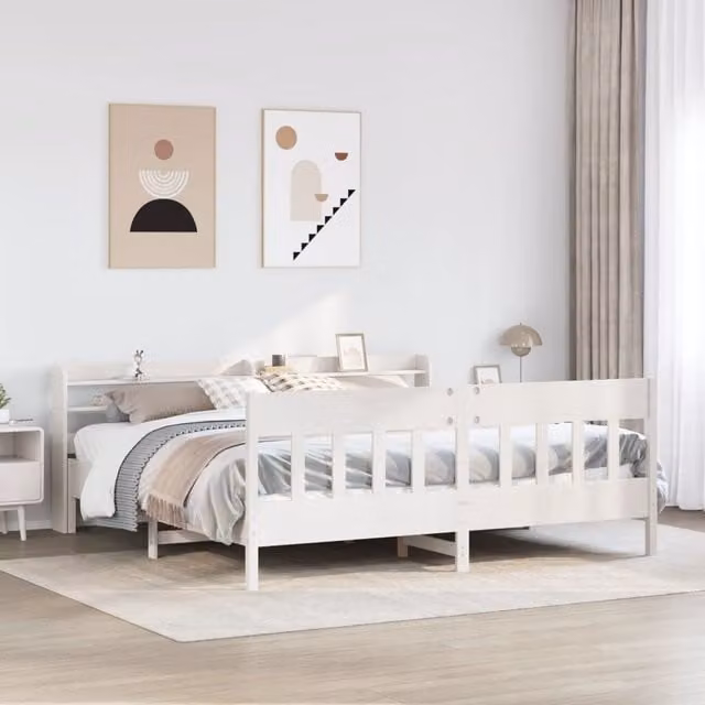 Berkfield Home Super King Bed Frame in White Solid Pine Wood with Side Compartments, 180 x 200 cm