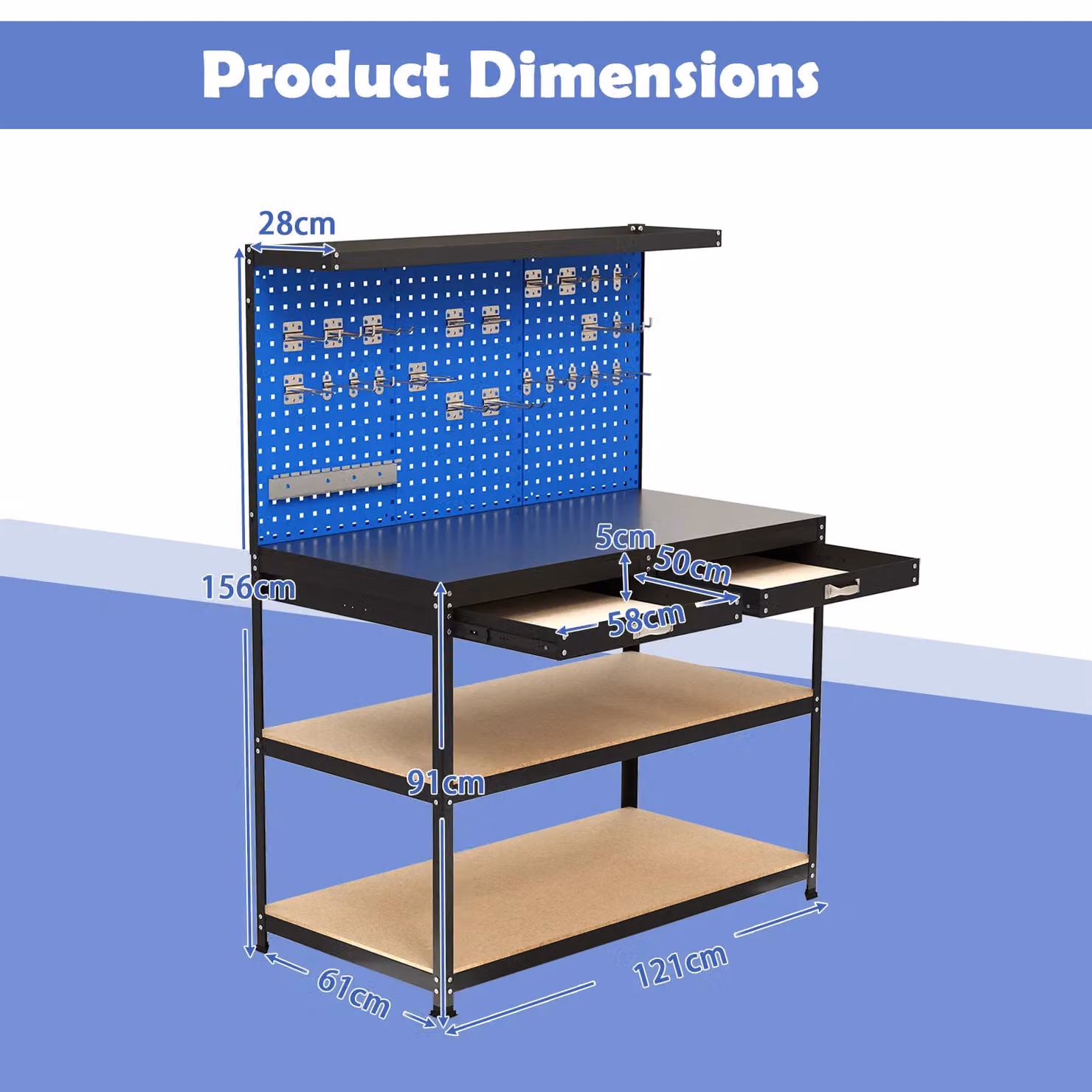 Gymax Metal Workbench with Large Pegboard and Shelves, Blue, W: 121 cm, D: 61 cm, H: 156 cm – 2