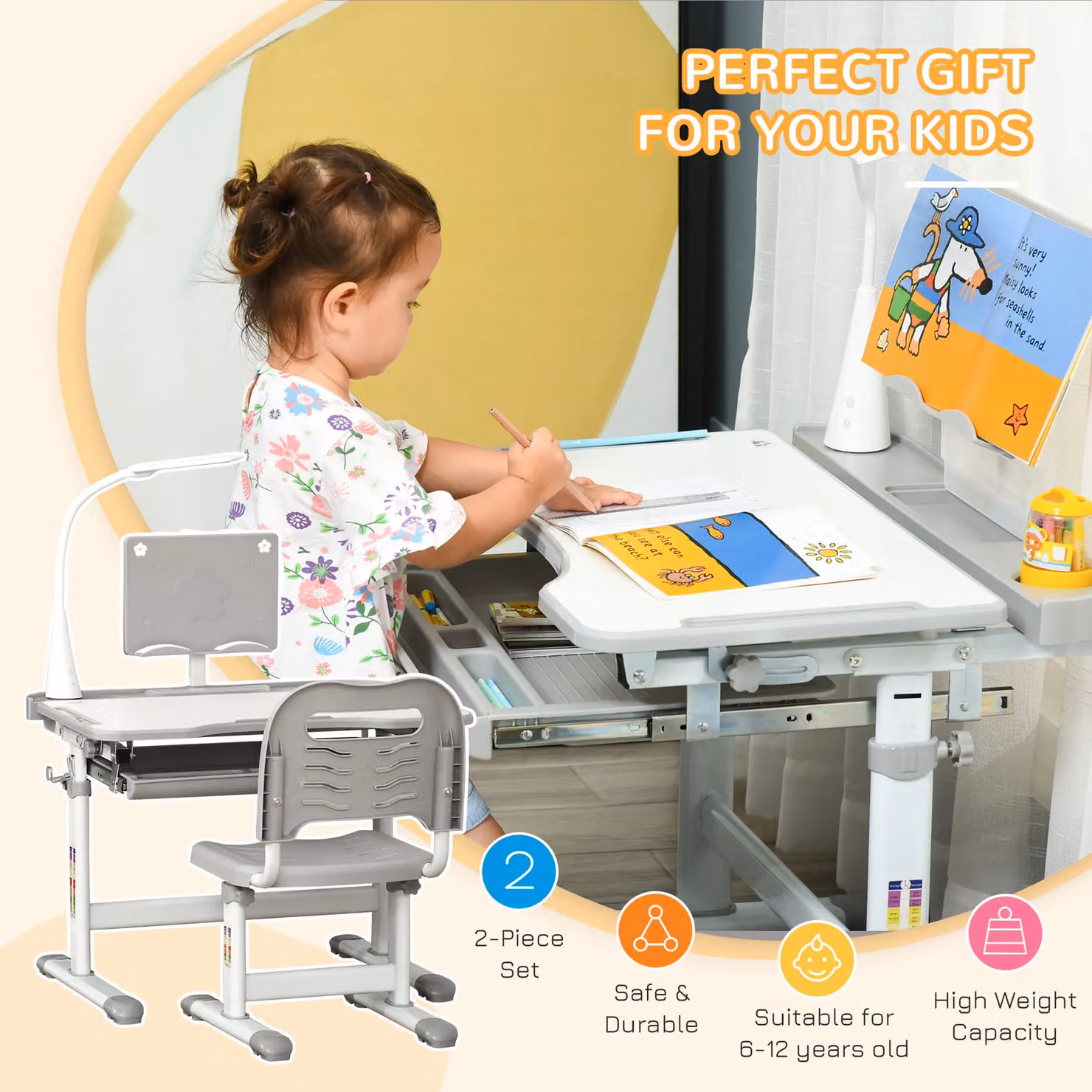 HOMCOM Height Adjustable Kids Study Desk and Chair Set with USB Lamp in Grey – 3