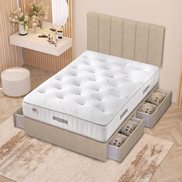 Somnior Beds Ltd Austin Hybrid Orthopaedic Divan Storage Bed with Upholstered Frame and Drawers, Natural/Yellow/Beige, W: 180 cm, D: 200 cm