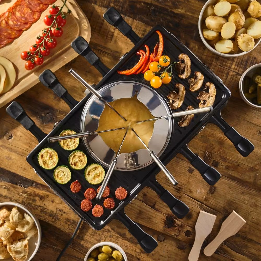 Cooks Professional Electric 2-in-1 Raclette Grill and Fondue Set, 1400W, Black, for 8 People with Non-Stick Metal Grill Plate and Adjustable Thermostat – 3