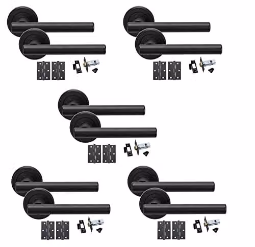 Golden Grace Matt Black Straight T-Bar Door Handles with Hinges and Latch, 5 Sets – 1