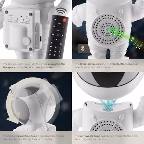 tectake Astronaut Galaxy Projector in White with 4 LED Nebulae Colours, Moon and Star Effects, Bluetooth Connection and Pre-Set Sounds, W/D/H: 23.5 x 12.0 x 11.5 cm – 4