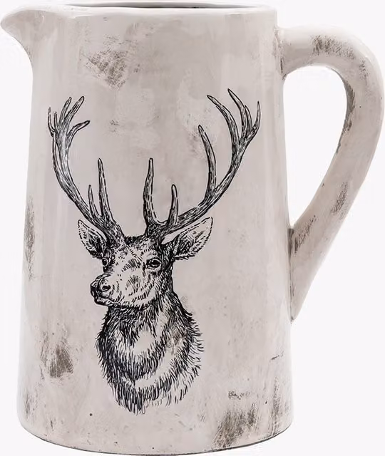 Perch & Parrow Wildwood Stag Distressed Ceramic Pitcher Vase, White, Large