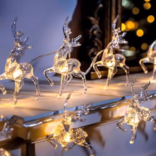 mysmartbuy 2 x Sets of 10 Acrylic Reindeer String Lights, Battery Powered Stag Design, White/Transparent, Total Length 1.5m