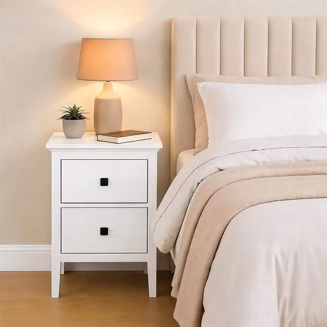 Home Source 2 Drawer White MDF Bedside Table, Height: 61 cm