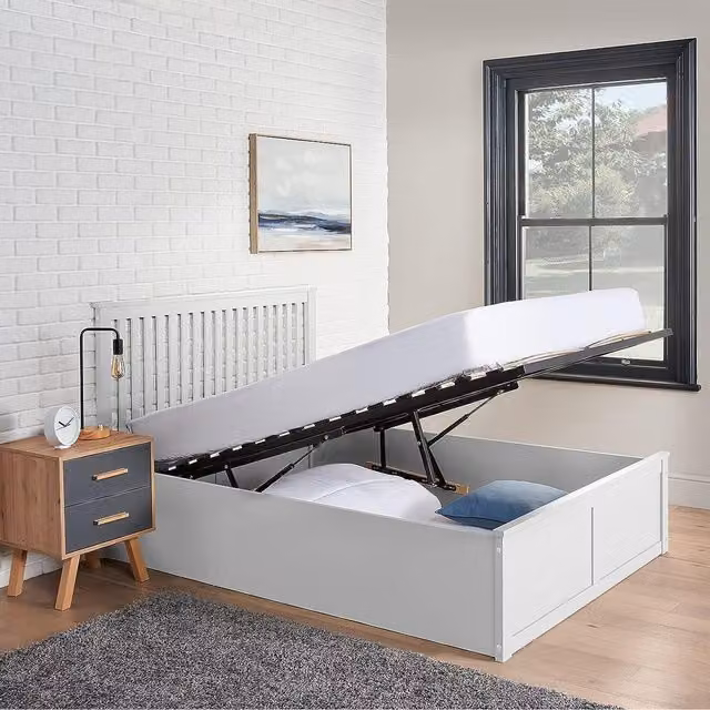 Home Treats White MDF Wooden Ottoman Storage Bed with Hybrid Mattress, W/D/H: 180 x 200 cm