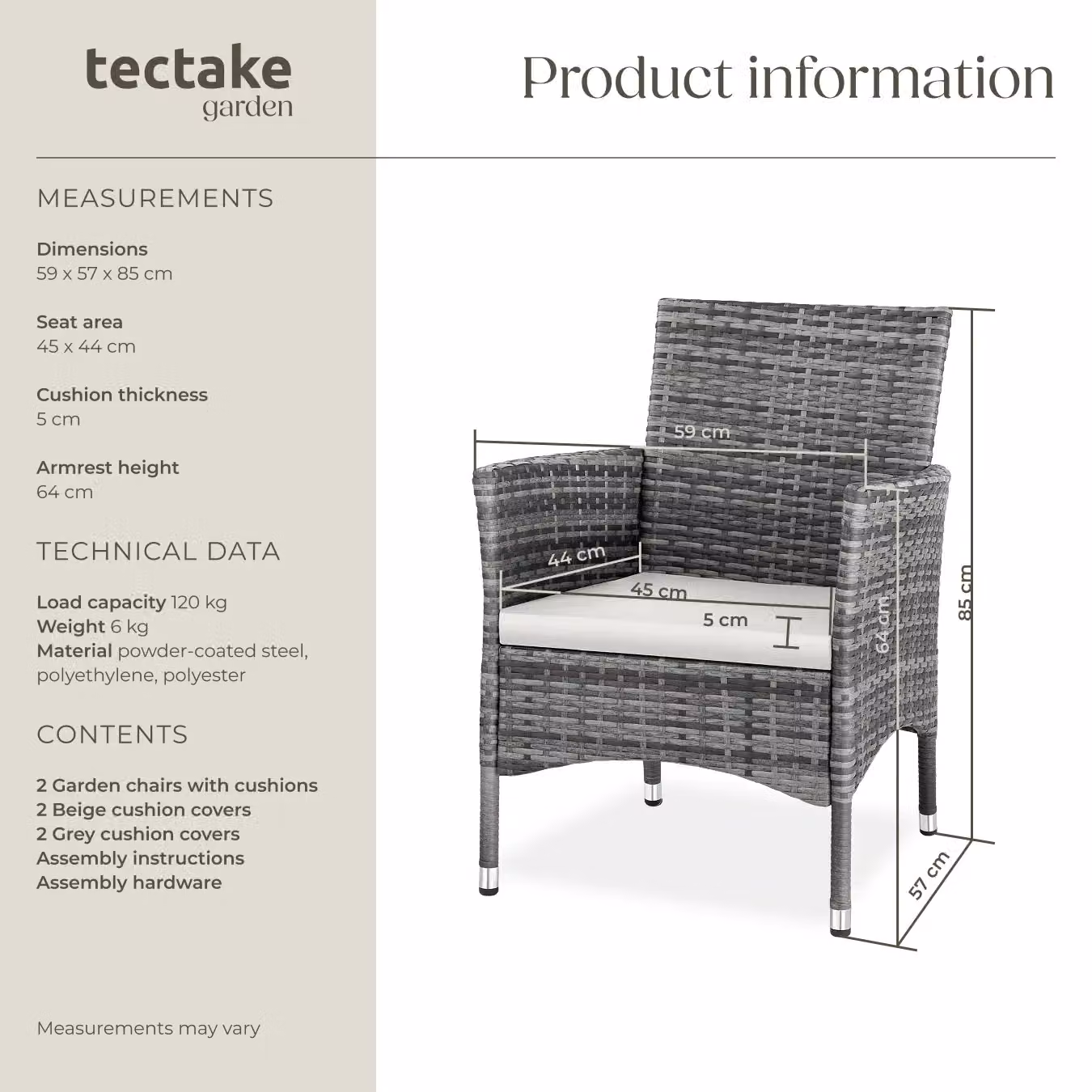 tectake Nantes Set of 2 Modern Polyrattan Garden Chairs with Cushions and Weather Covers in Grey, Beige and Black – 7