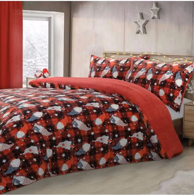 Velosso Gonks Check Flannel Cotton Rich Printed Duvet Cover and Pillowcase Set in Red, Single (Duvet Cover: 135 x 200 cm, Pillowcase: 50 x 75 cm)