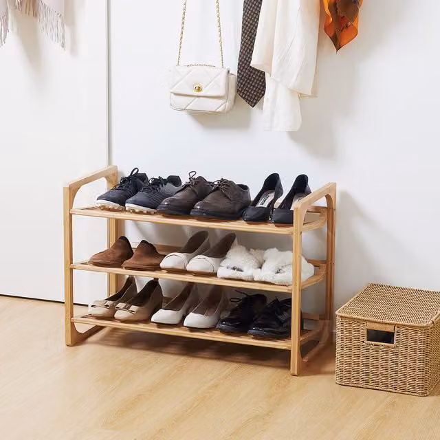 HOMCOM Bamboo Shoe Storage Rack, Natural Beige and Yellow Freestanding Entryway Shoe Shelf