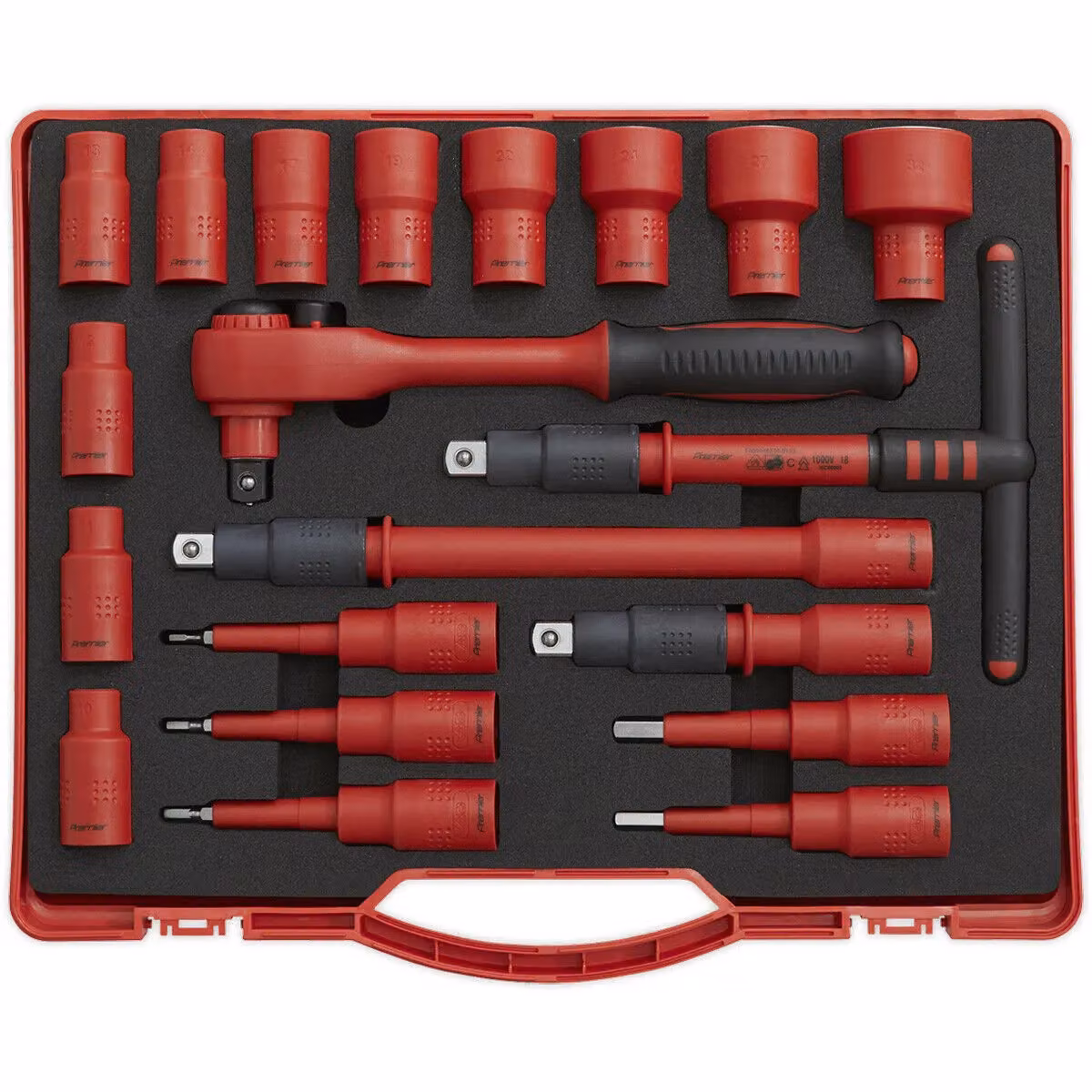 Loops 20-Piece VDE Insulated Socket and Ratchet Handle Set, 1/2 Inch Square Drive, 6 Point Metric, Red and Multicolour – 4