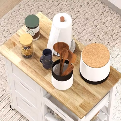 HOMCOM Rolling Kitchen Island Cart with Wood Top and Castors, White, W/D/H: 67 x 37 x 85.5 cm – 5