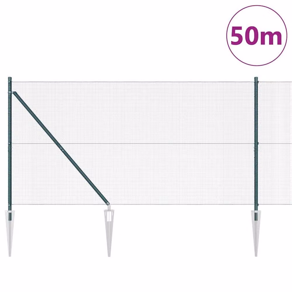 Berkfield Home Green Steel Welded Wire Fence with 13 In-Ground Spike Posts, W: 140 cm, L: 50 m – 2