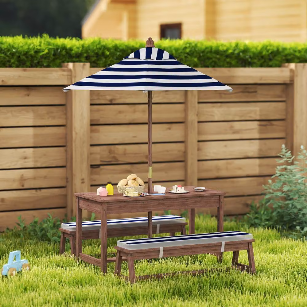 STILVORA Kids Picnic Table Set with Umbrella and Striped Blue Cushions in Wood – 2