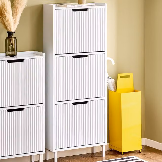 SoBuy Modern White Narrow Shoe Storage Cabinet with Tilting Compartments and Hinged Doors
