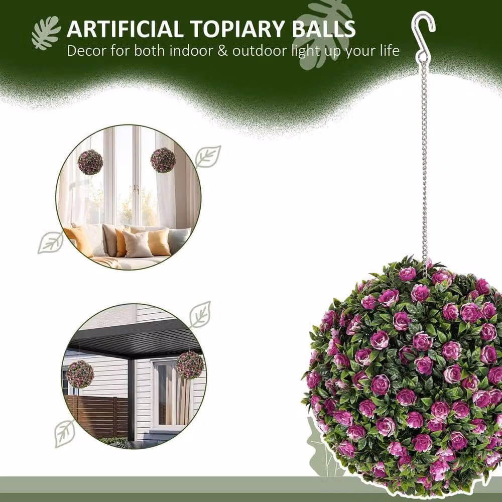 EONLION Set of 2 Purple Artificial Rose Ball Topiary Plants, 100 cm – 3