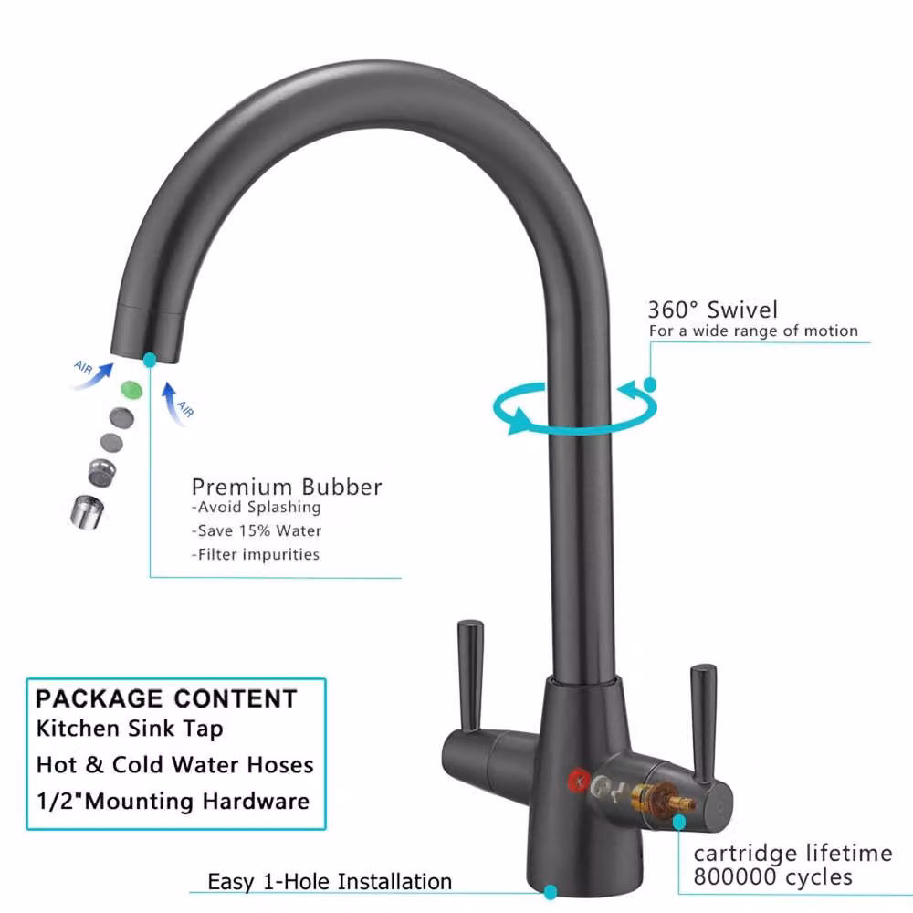 Heable Grey Brass Kitchen Mixer Tap with Dual Lever and Swivel Spout – 2