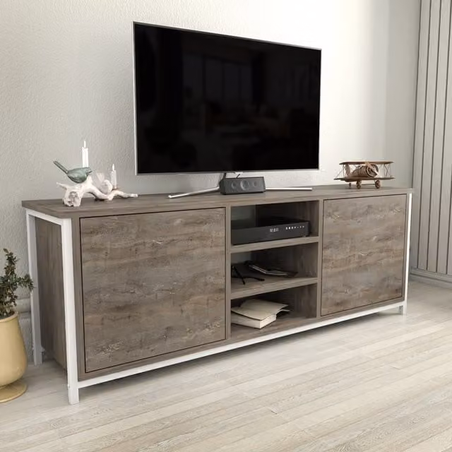 Decorotika Otis Minimalist TV Unit in White and Brown with Metal Details