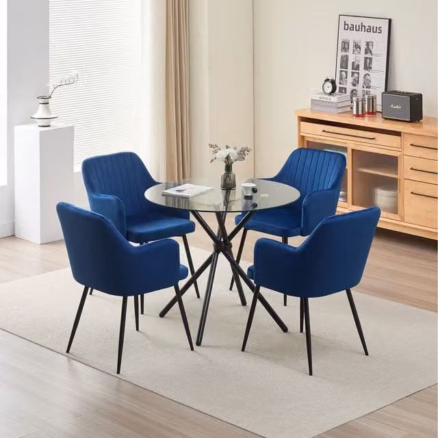 Madefor.living New York Round Glass Dining Table and Charlotte Velvet Chairs Set in Blue