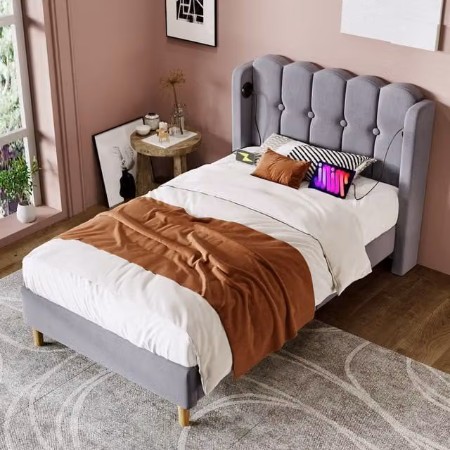 Merax Double Upholstered Velvet Bed in Grey with USB Charging Ports – 1