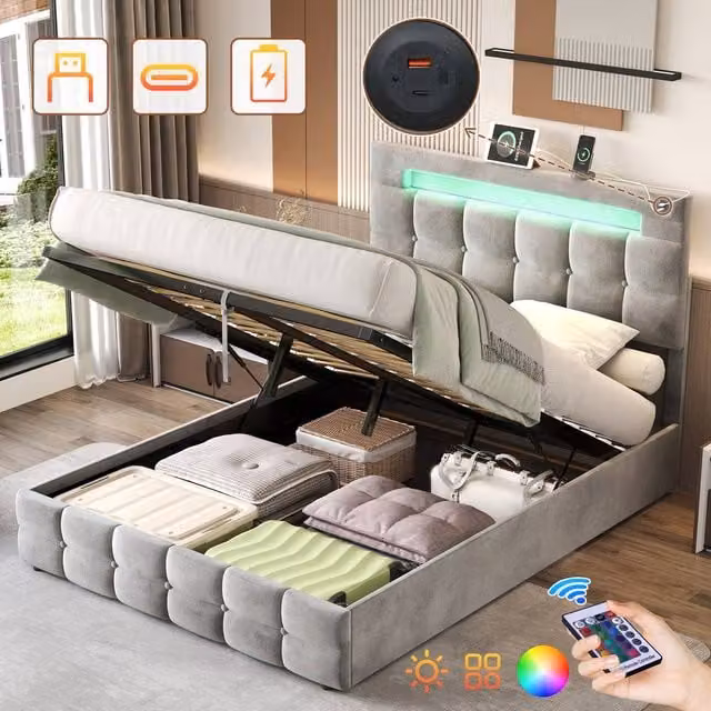Matteo Grey Velvet Double Ottoman Bed Frame with LED Lighting and USB Charging Port, W/D/H: 140 x 200 cm