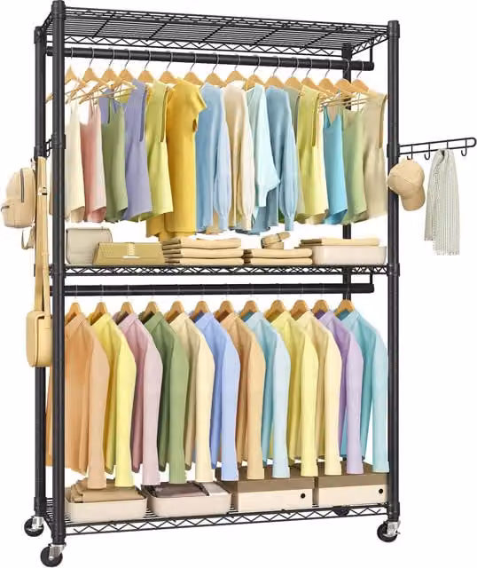 SONGMICS Rolling Portable Wardrobe, Heavy-Duty Metal Clothes Rack in Matt Black, H 199 x W 162 x D 40 cm