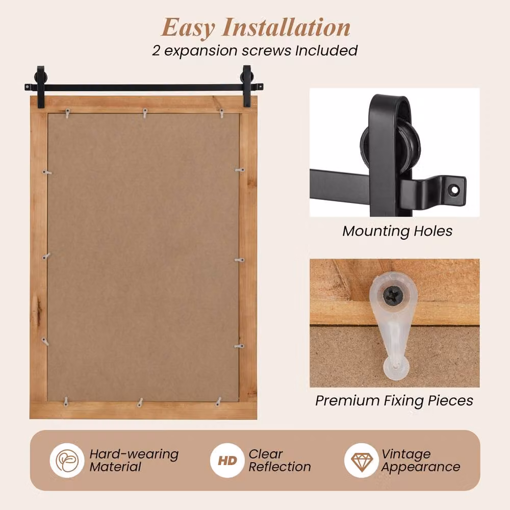 Gymax Rustic Farmhouse Rectangular Wall Mirror with Wood Frame and Metal Bracket, Brown, W: 61 cm, H: 91 cm – 3